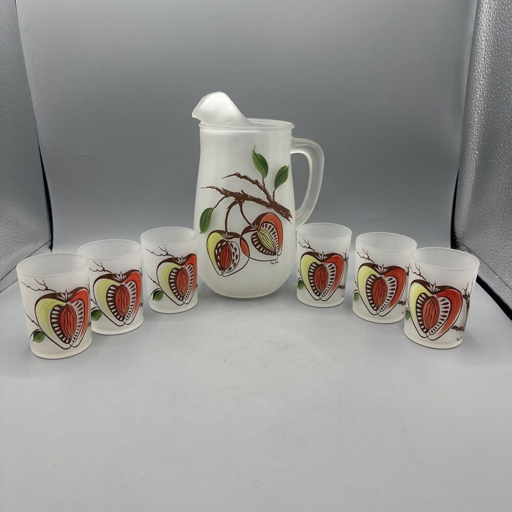 Vintage Gay Fad Hazel Atlas Frosted Pitcher Glass Set Stone Fruit Hand-Painted